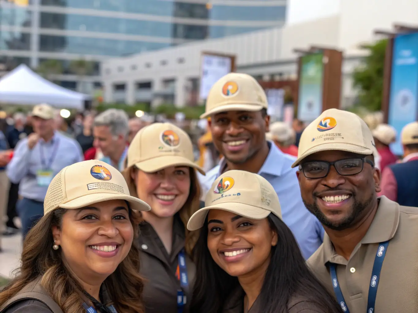A group of employees at a corporate event, all wearing branded hats with the company's logo. The hats are high-quality and stylish, promoting brand unity and recognition.