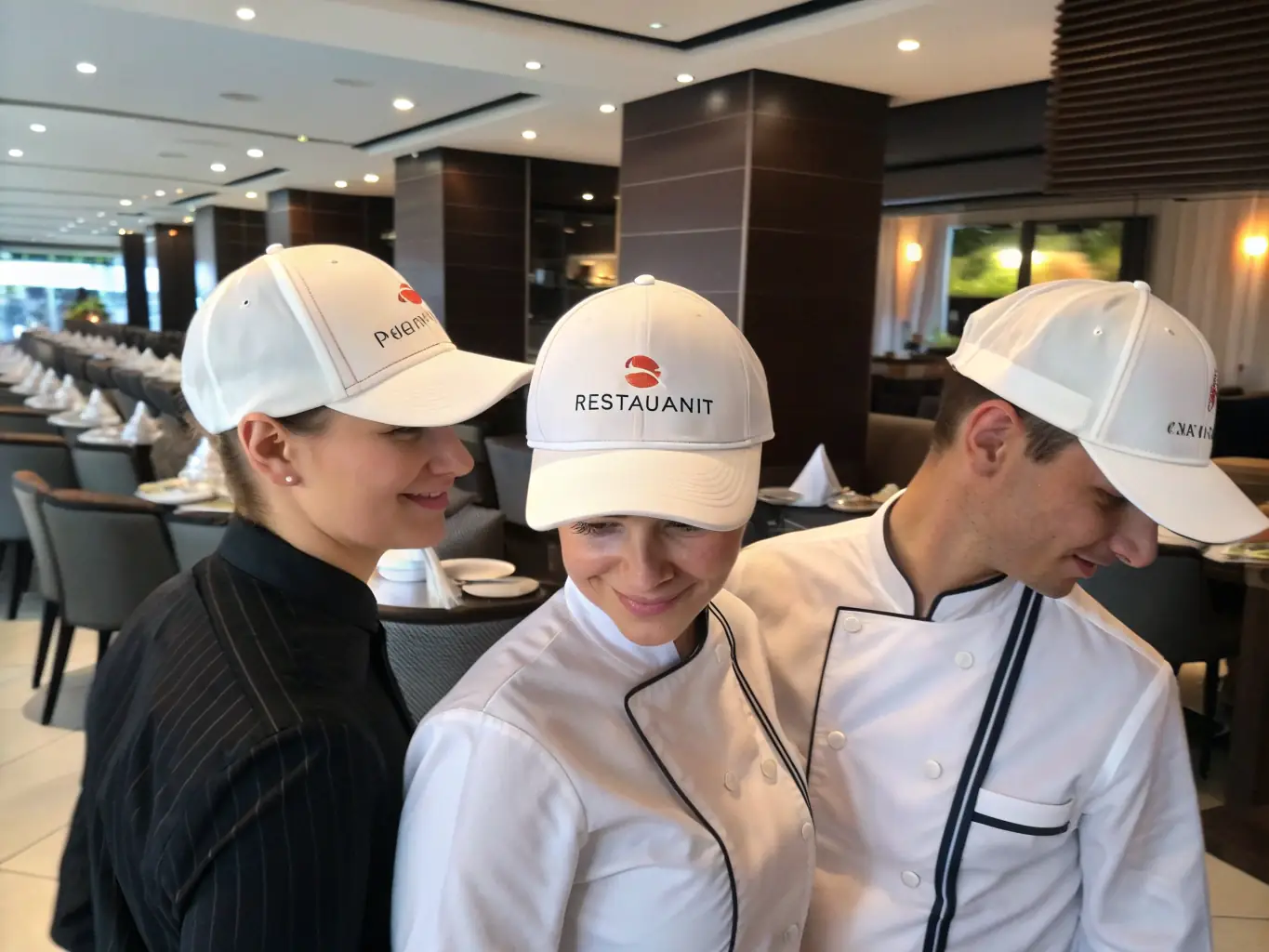A team of restaurant staff wearing stylish baseball caps with the restaurant's logo embroidered on the front. The hats are clean and professional, enhancing the restaurant's brand image.
