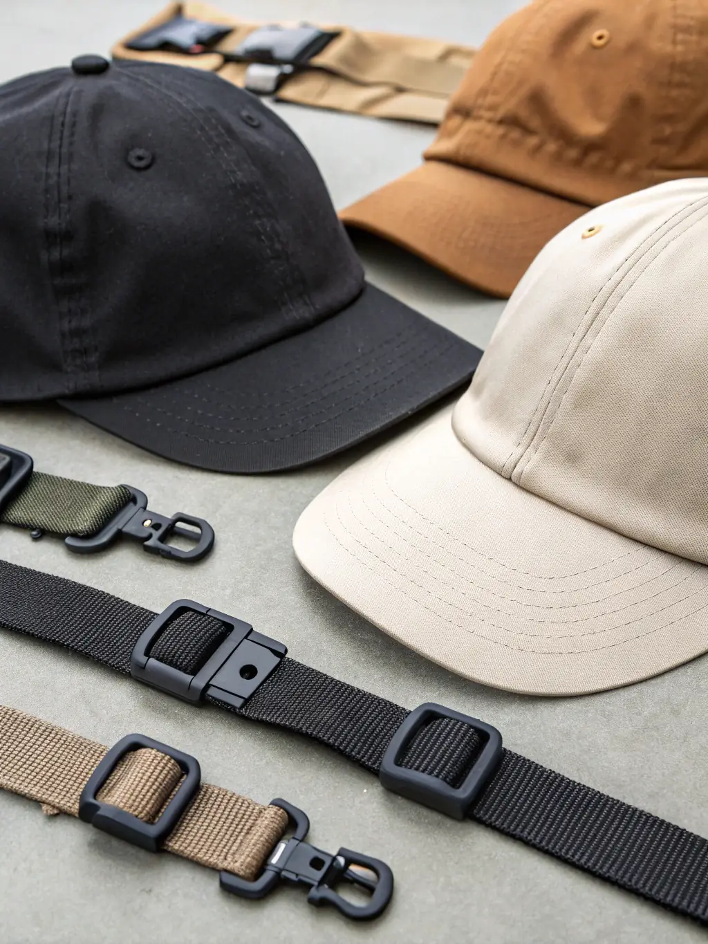 An image showcasing various closure types for hats, including snapbacks, velcro straps, and adjustable buckles, emphasizing comfort and fit.