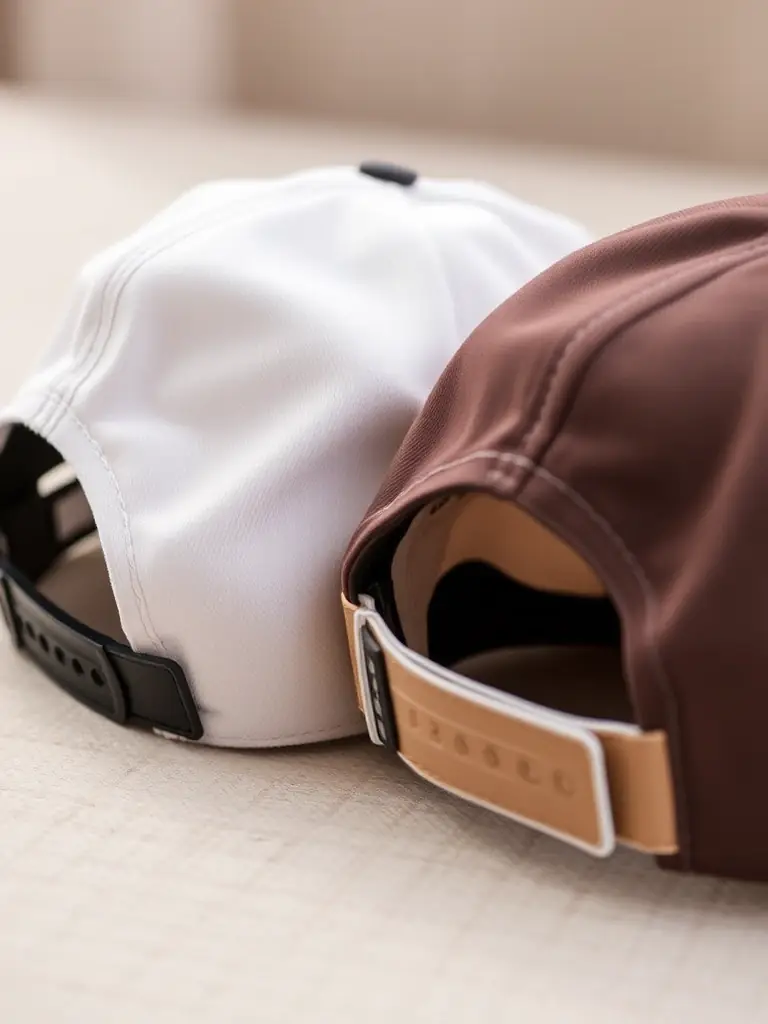 An image showcasing different closure types for hats (snapback, velcro, fitted), emphasizing the adjustability and comfort of the hats.