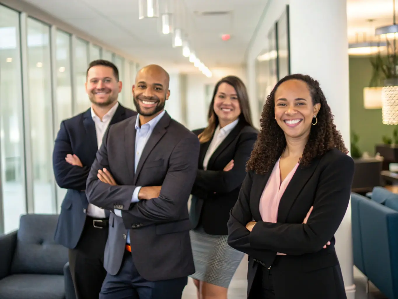 A group of employees wearing stylish fedoras with a company logo pin, standing in a modern office setting, smiling and looking professional.
