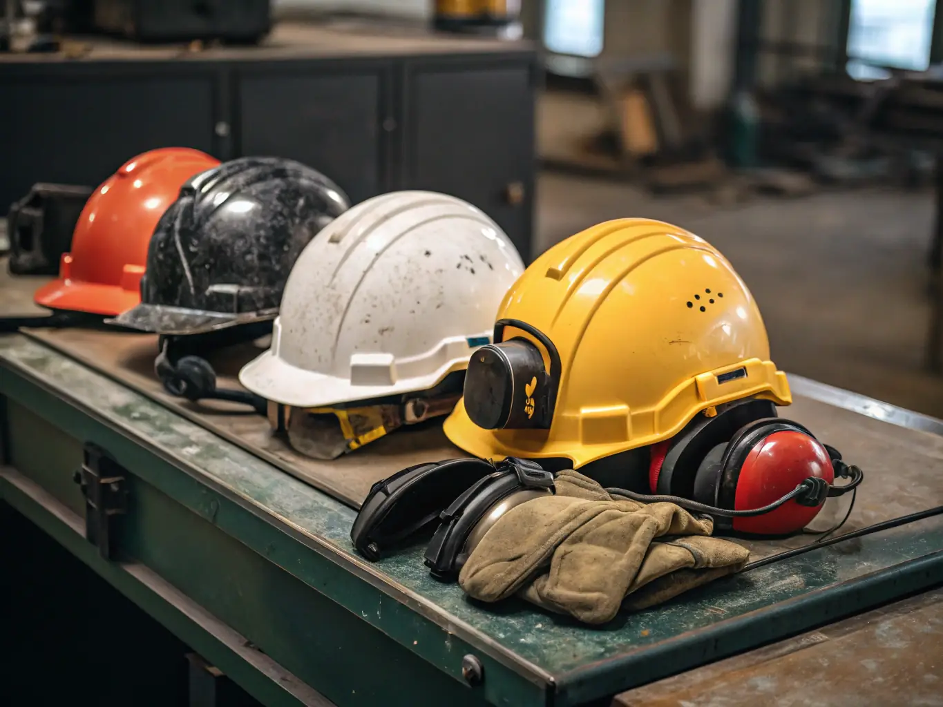 A close-up shot of a stack of hard hats in bright yellow, each featuring a different company's safety logo, placed on a construction site with workers in the background.