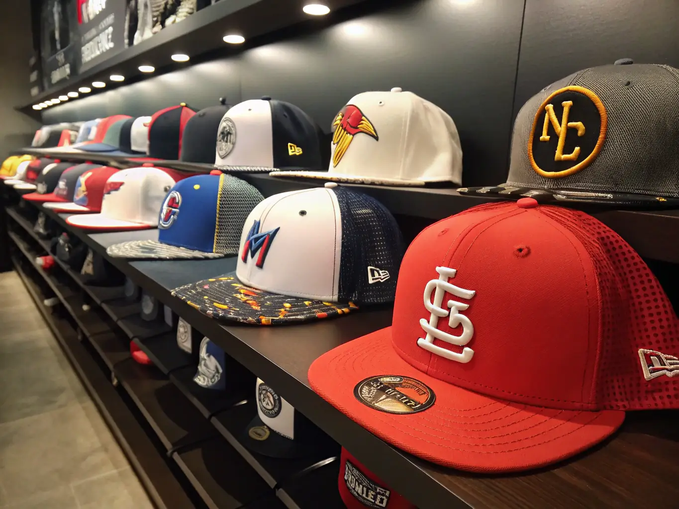 A high-angle shot of a neatly arranged display of baseball caps in various colors, each embroidered with a different company logo, set against a blurred background of a corporate event.