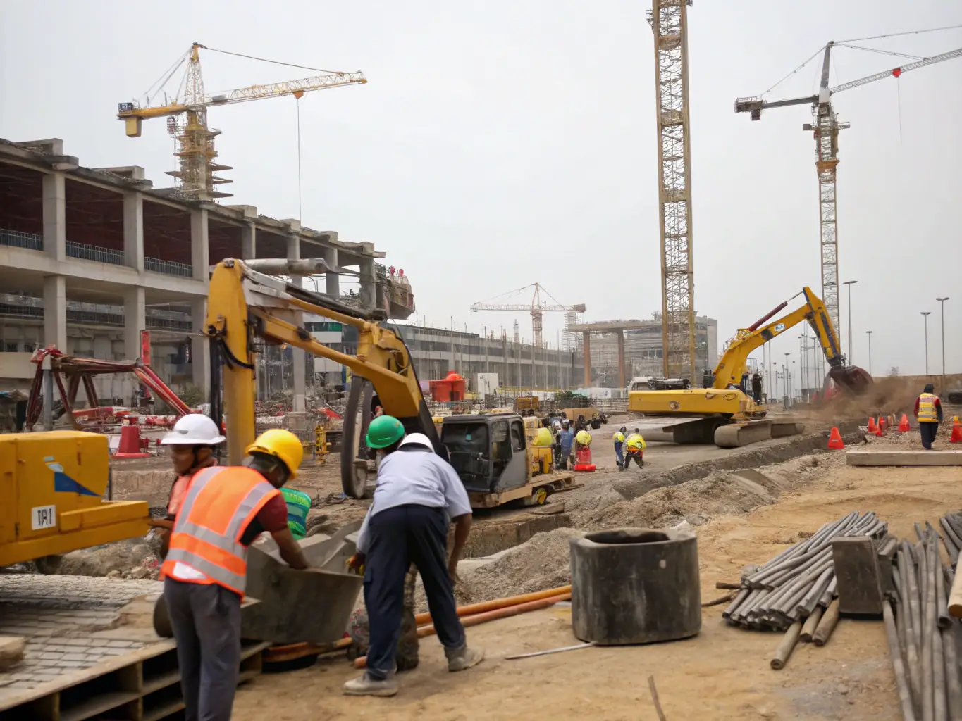 A group of construction workers on a site, all wearing hard hats customized with the logo of their construction company. The hats are bright and easily visible, ensuring safety and brand recognition.