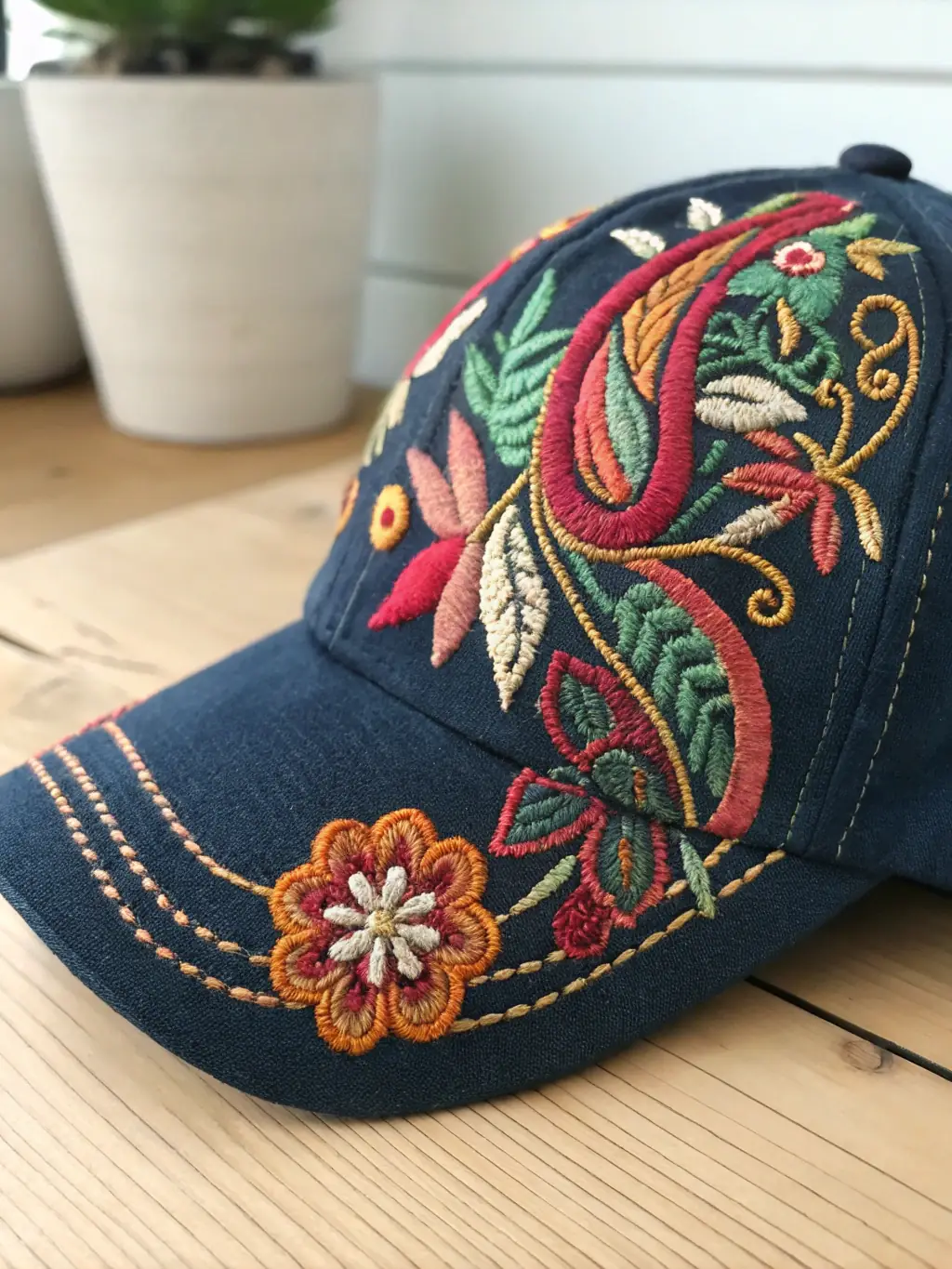 A close-up shot of a hat with an embroidered company logo on the front, showcasing the precision and quality of the embroidery.