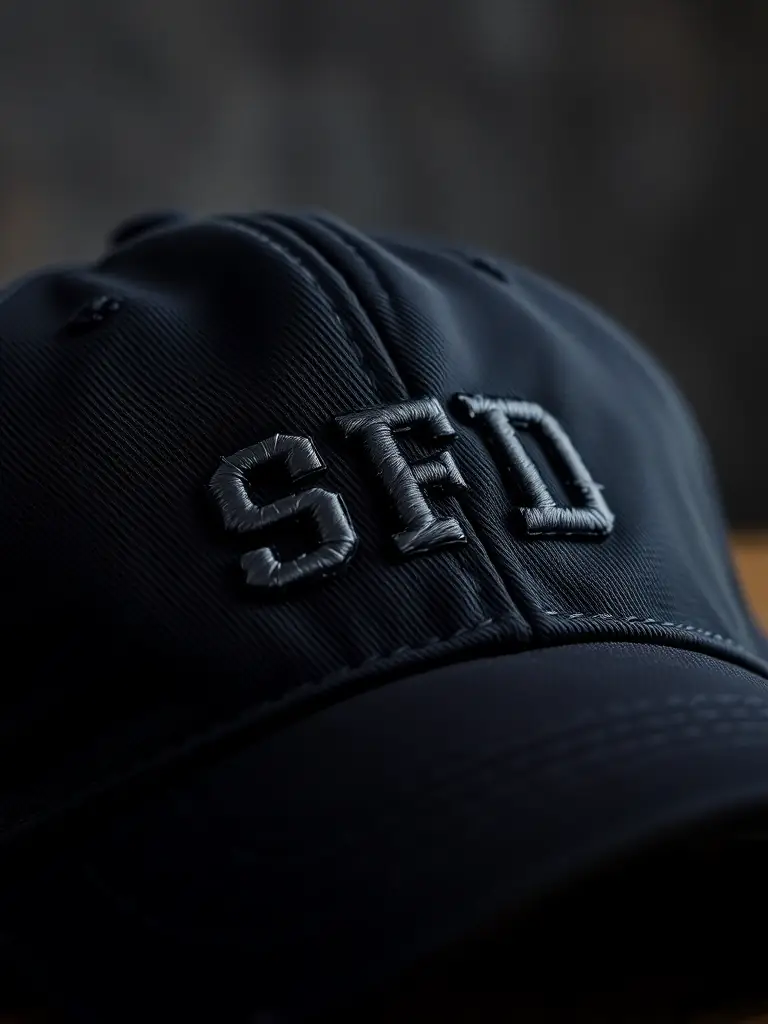 A close-up shot of a classic baseball cap made from durable cotton twill, showcasing its embroidered Fire Fly logo and adjustable strap, perfect for corporate branding.